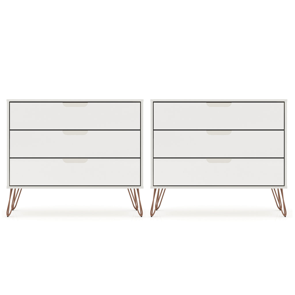 Manhattan Comfort Rockefeller Mid-Century Modern 35" Dresser in Off White (3-Drawer) - Set of 2