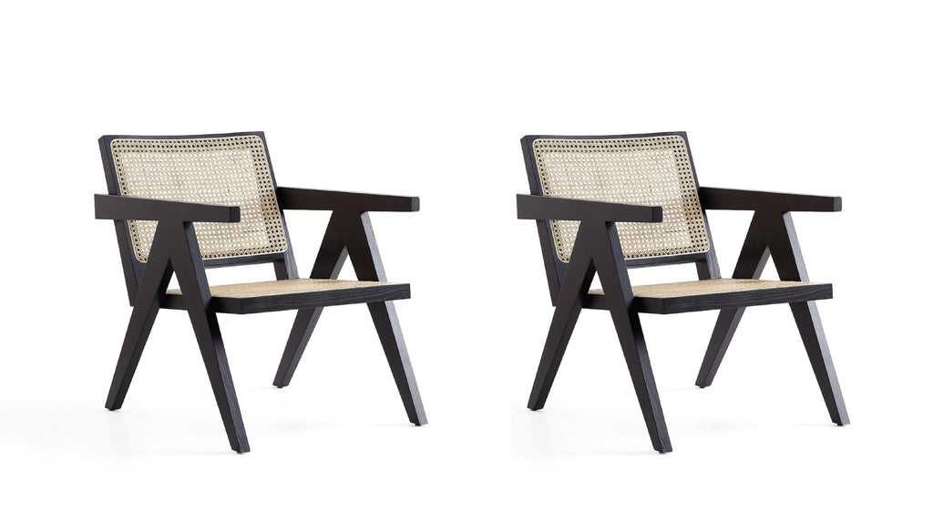 Manhattan Comfort Hamlet Industry Chic Cane Back Wood Accent Armchair in Black and Natural - Set of 2