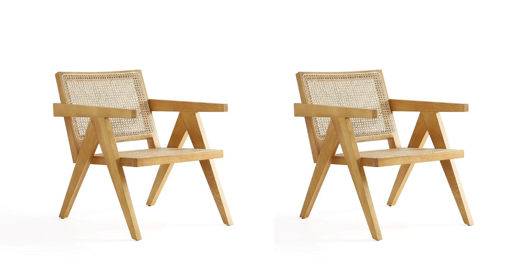 Manhattan Comfort Hamlet Industry Chic Cane Back Wood Accent Armchair in Natural - Set of 2