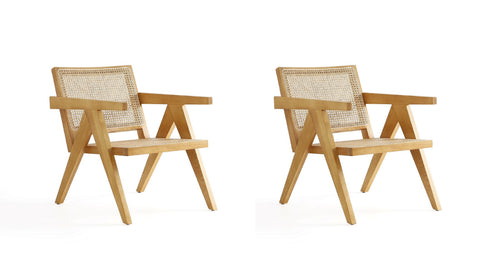 Manhattan Comfort Hamlet Industry Chic Cane Back Wood Accent Armchair in Natural - Set of 2