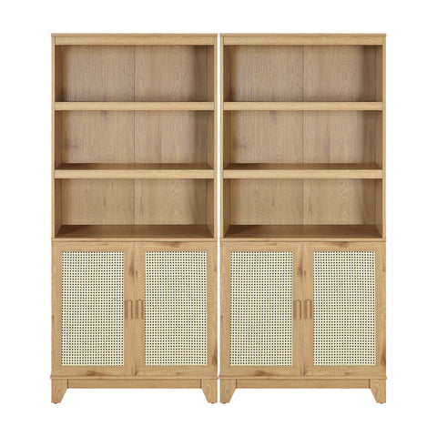 Manhattan Comfort Sheridan Mid-Century Modern 31" Bookcase Cabinet in Natural (7-Shelf) - Set of 2