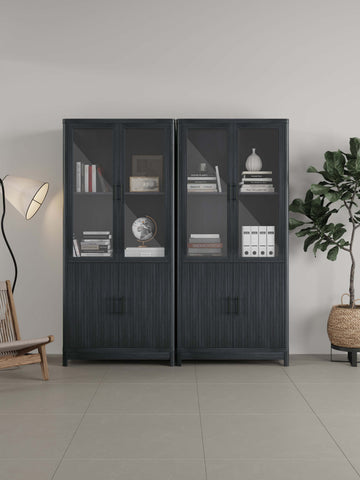Manhattan Comfort Jodie Mid-Century Modern 31" Bookcase Cabinet in Charcoal Gray (6-Shelf) - Set of 2