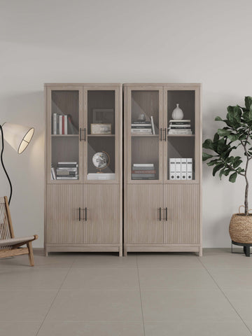 Manhattan Comfort Jodie Mid-Century Modern 31" Bookcase Cabinet in Whitewashed Oak (6-Shelf) - Set of 2