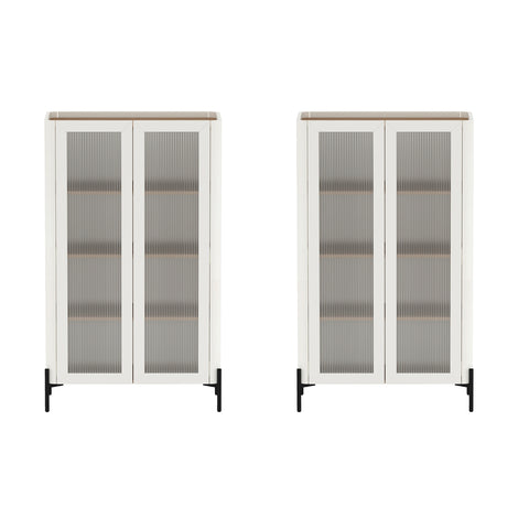 Manhattan Comfort Abbey Modern 32" Tempered Glass Bookcase Cabinet in Maple and Off White (4-Shelf) - Set of 2