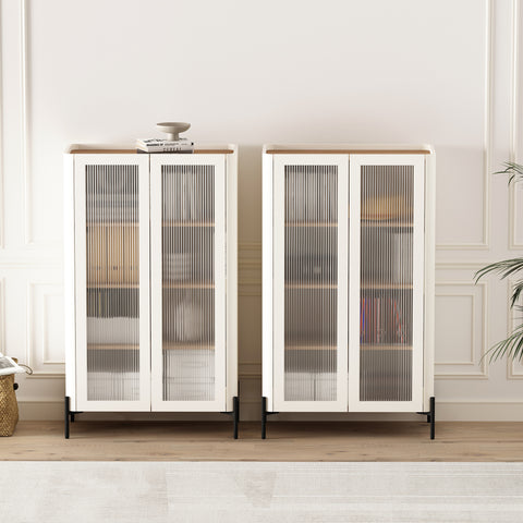Manhattan Comfort Abbey Modern 32" Tempered Glass Bookcase Cabinet in Maple and Off White (4-Shelf) - Set of 2