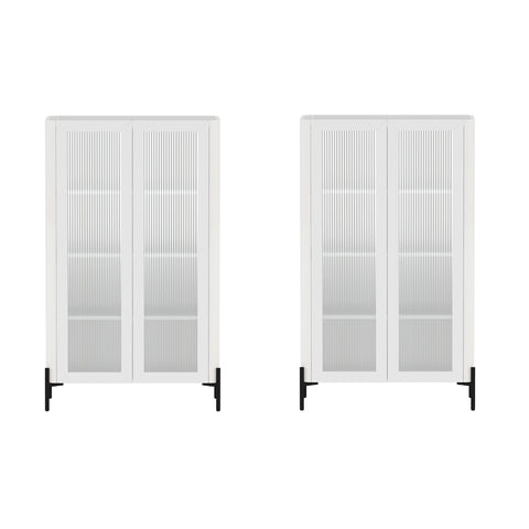 Manhattan Comfort Abbey Modern 32" Tempered Glass Bookcase Cabinet in White (4-Shelf) - Set of 2