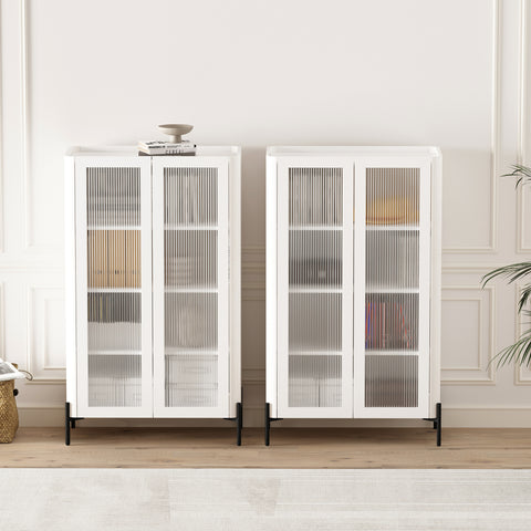 Manhattan Comfort Abbey Modern 32" Tempered Glass Bookcase Cabinet in White (4-Shelf) - Set of 2