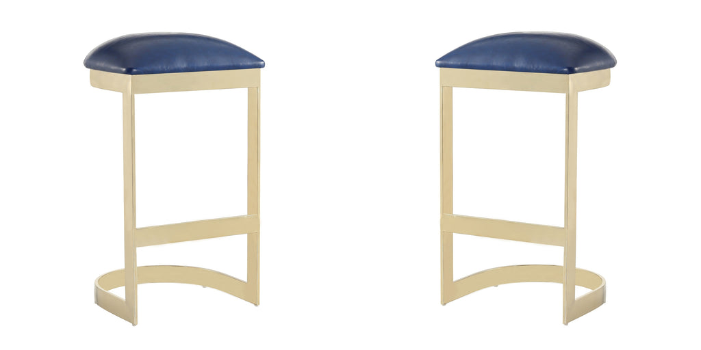 Manhattan Comfort Aura Modern Metal Upholstered Barstool in Blue - Set of 2