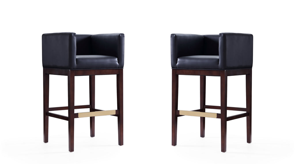 Manhattan Comfort Kingsley Mid-Century Modern Wood Upholstered Barstool in Black - Set of 2