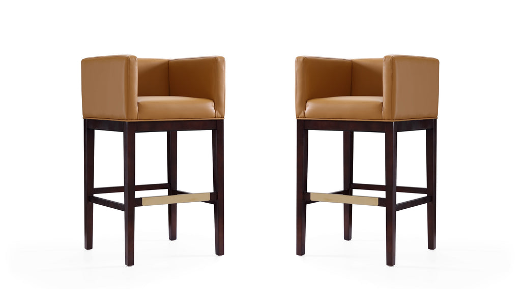 Manhattan Comfort Kingsley Mid-Century Modern Wood Upholstered Barstool in Camel - Set of 2