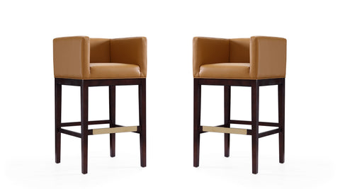Manhattan Comfort Kingsley Mid-Century Modern Wood Upholstered Barstool in Camel - Set of 2