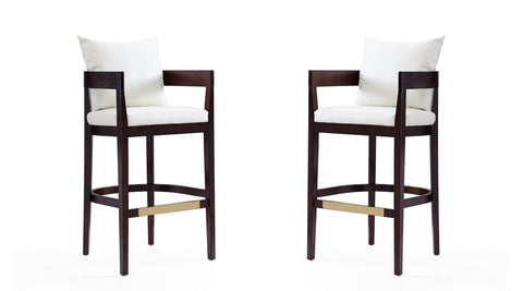 Manhattan Comfort Ritz Mid-Century Modern Wood Upholstered Barstool in Ivory - Set of 2