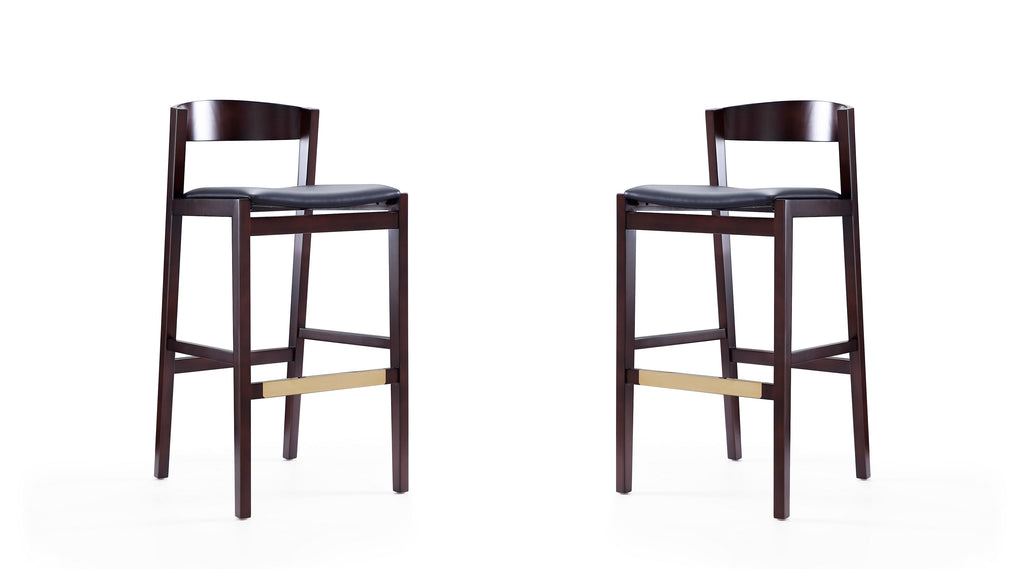 Manhattan Comfort Klismos Mid-Century Modern Wood Upholstered Barstool in Black - Set of 2