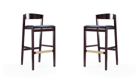 Manhattan Comfort Klismos Mid-Century Modern Wood Upholstered Barstool in Black - Set of 2