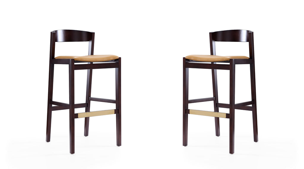 Manhattan Comfort Klismos Mid-Century Modern Wood Upholstered Barstool in Camel - Set of 2