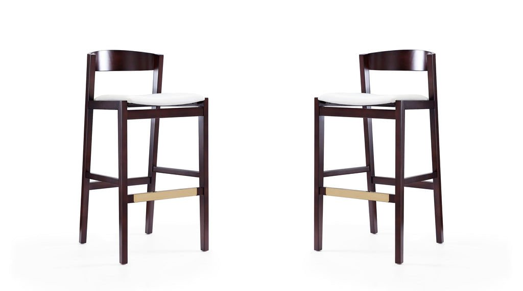 Manhattan Comfort Klismos Mid-Century Modern Wood Upholstered Barstool in Ivory - Set of 2