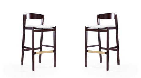 Manhattan Comfort Klismos Mid-Century Modern Wood Upholstered Barstool in Ivory - Set of 2