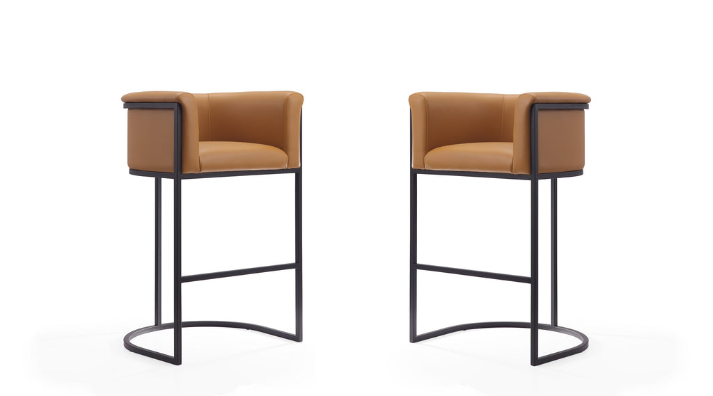 Manhattan Comfort Cosmopolitan Mid-Century Modern Metal Upholstered Barstool in Camel - Set of 2