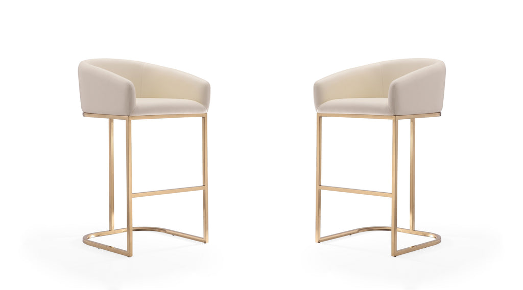 Manhattan Comfort Louvre Mid-Century Modern Metal Upholstered Barstool in Cream - Set of 2