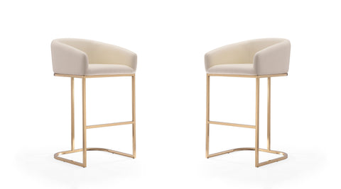 Manhattan Comfort Louvre Mid-Century Modern Metal Upholstered Barstool in Cream - Set of 2