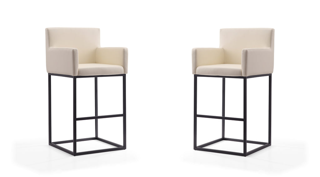 Manhattan Comfort Ambassador Mid-Century Modern Metal Upholstered Barstool in Cream - Set of 2
