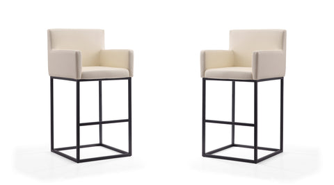 Manhattan Comfort Ambassador Mid-Century Modern Metal Upholstered Barstool in Cream - Set of 2