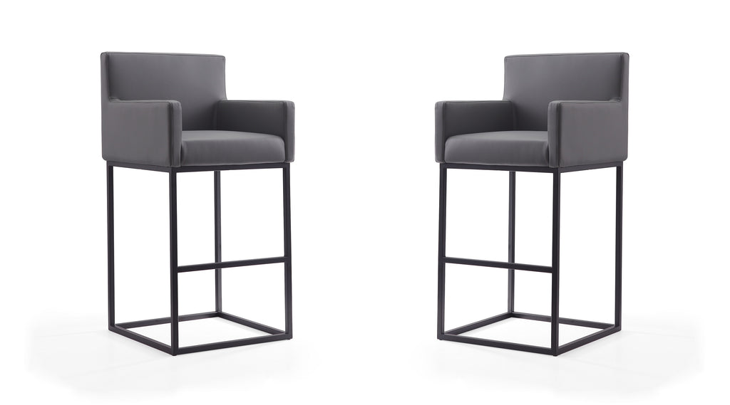 Manhattan Comfort Ambassador Mid-Century Modern Metal Upholstered Barstool in Gray - Set of 2