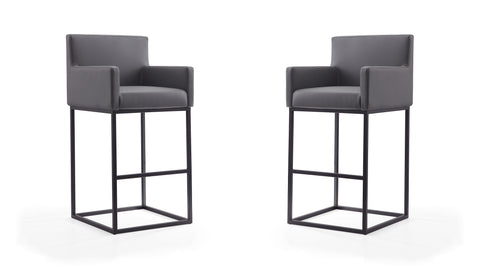 Manhattan Comfort Ambassador Mid-Century Modern Metal Upholstered Barstool in Gray - Set of 2