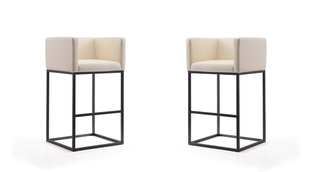Manhattan Comfort Embassy Mid-Century Modern Metal Upholstered Barstool in Cream - Set of 2
