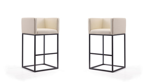 Manhattan Comfort Embassy Mid-Century Modern Metal Upholstered Barstool in Cream - Set of 2
