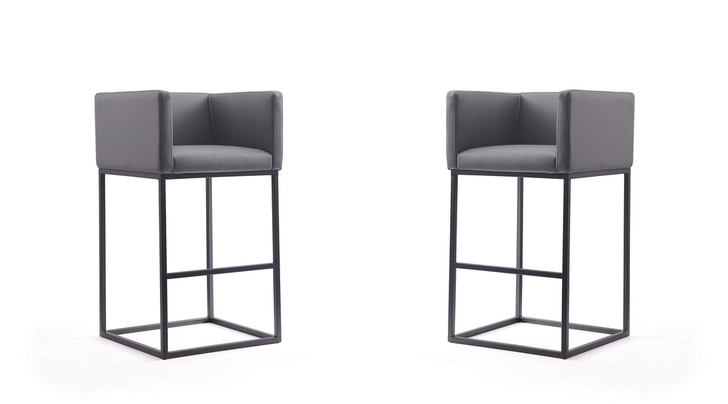 Manhattan Comfort Embassy Mid-Century Modern Metal Upholstered Barstool in Gray - Set of 2