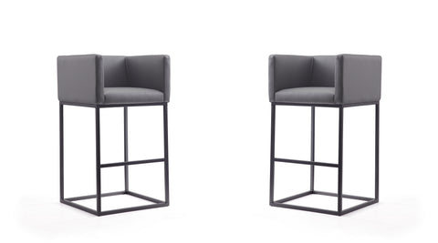 Manhattan Comfort Embassy Mid-Century Modern Metal Upholstered Barstool in Gray - Set of 2
