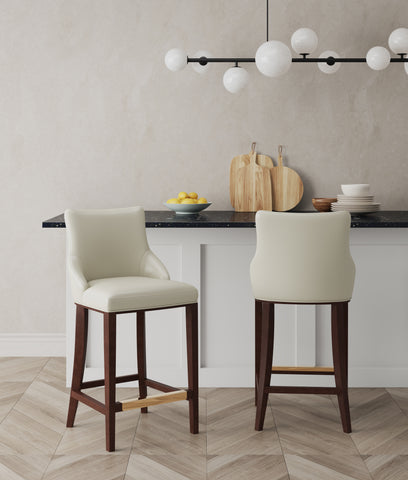 Manhattan Comfort Shubert Modern Wood Upholstered Barstool in Ivory - Set of 2