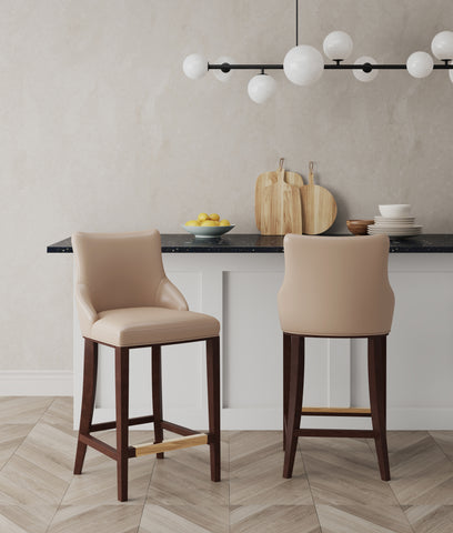 Manhattan Comfort Shubert Modern Wood Upholstered Barstool in Tan - Set of 2