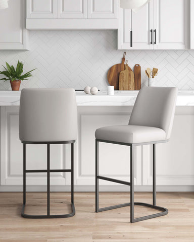 Manhattan Comfort Serena Modern Metal Upholstered Barstool in Light Gray - Set of 2