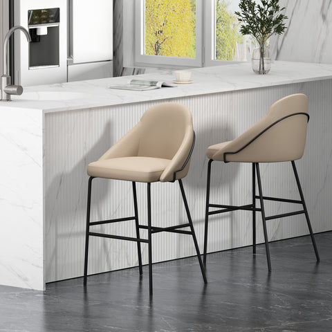 Manhattan Comfort Gracie Modern Metal Upholstered Barstool in Tan and Black - Set of 2