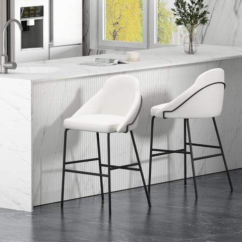 Manhattan Comfort Gracie Modern Metal Upholstered Barstool in White and Black - Set of 2