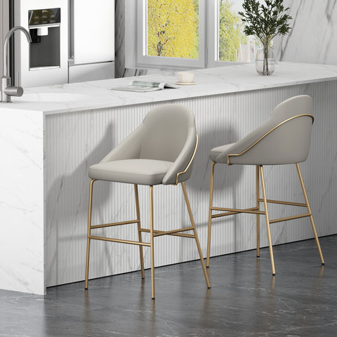 Manhattan Comfort Gracie Modern Metal Upholstered Barstool in Stone Gray and Gold - Set of 2