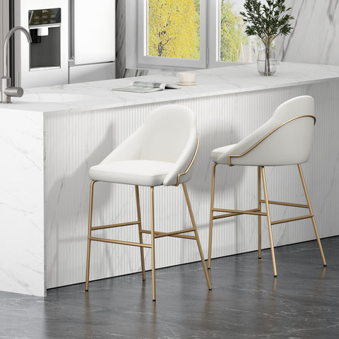 Manhattan Comfort Gracie Modern Metal Upholstered Barstool in White and Gold - Set of 2
