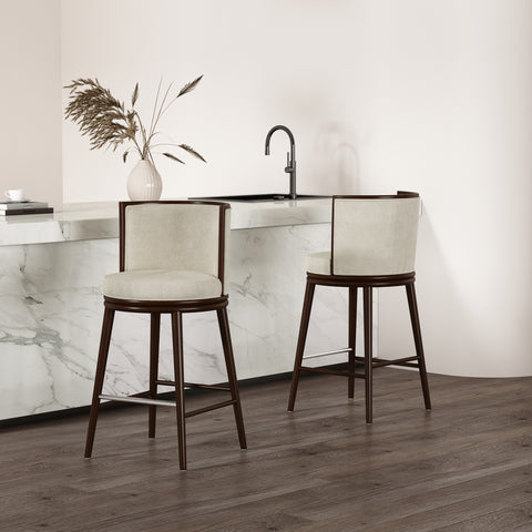 Manhattan Comfort Evalyn Modern Wood Upholstered Barstool in Cream - Set of 2