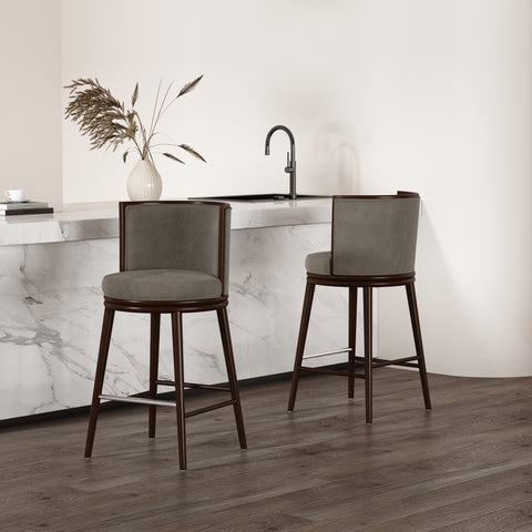 Manhattan Comfort Evalyn Modern Wood Upholstered Barstool in Dove - Set of 2