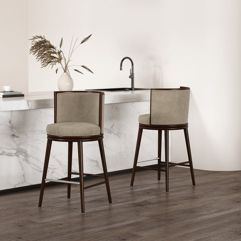 Manhattan Comfort Evalyn Modern Wood Upholstered Barstool in Natural - Set of 2