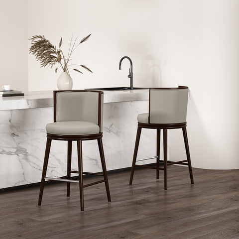 Manhattan Comfort Evalyn Modern Wood Upholstered Barstool in Stone - Set of 2