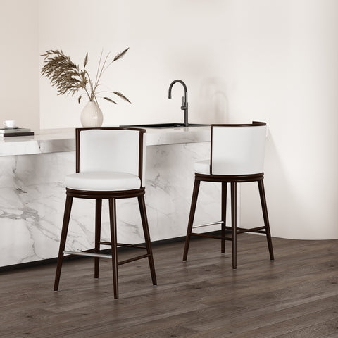 Manhattan Comfort Evalyn Modern Wood Upholstered Barstool in White - Set of 2