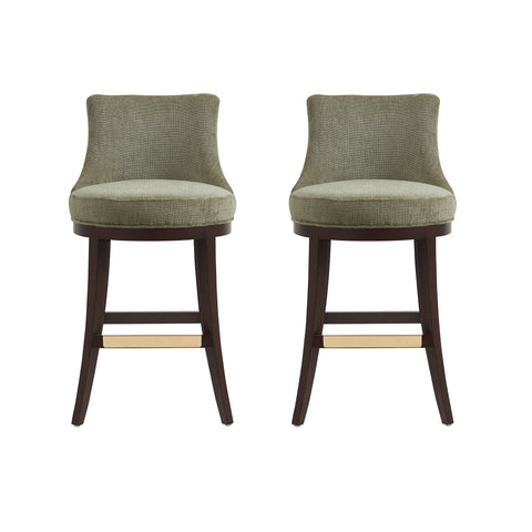 Manhattan Comfort Lucia Modern Chenille Wood Upholstered Barstool in Leaf Green - Set of 2
