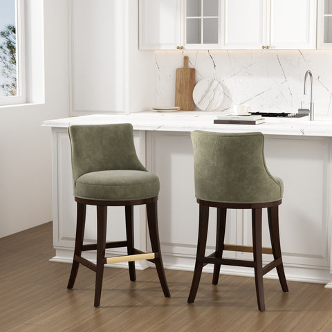 Manhattan Comfort Lucia Modern Chenille Wood Upholstered Barstool in Leaf Green - Set of 2