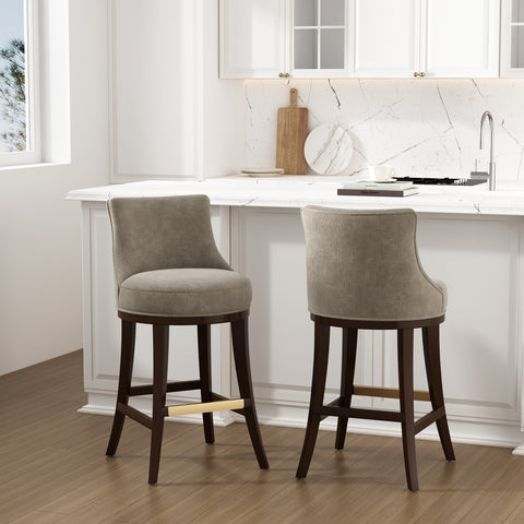 Manhattan Comfort Lucia Modern Chenille Wood Upholstered Barstool in Taupe - Set of 2