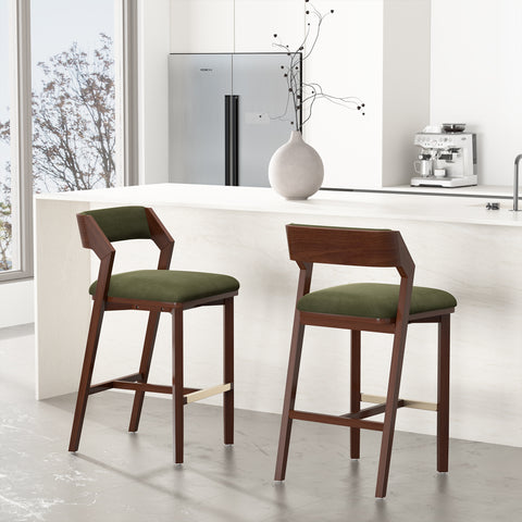 Manhattan Comfort Patricia Modern Wood Upholstered Barstool in Turtle Green - Set of 2