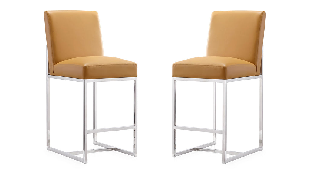 Manhattan Comfort Element Modern Metal Upholstered Counter Stool in Camel - Set of 2