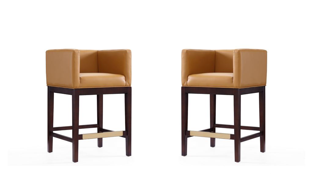 Manhattan Comfort Kingsley Mid-Century Modern Wood Upholstered Counter Stool in Camel - Set of 2